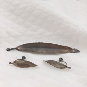 VTG Stuart Nye Sterling Silver 925 Willow Leaf Brooch Pin And Earring Set
